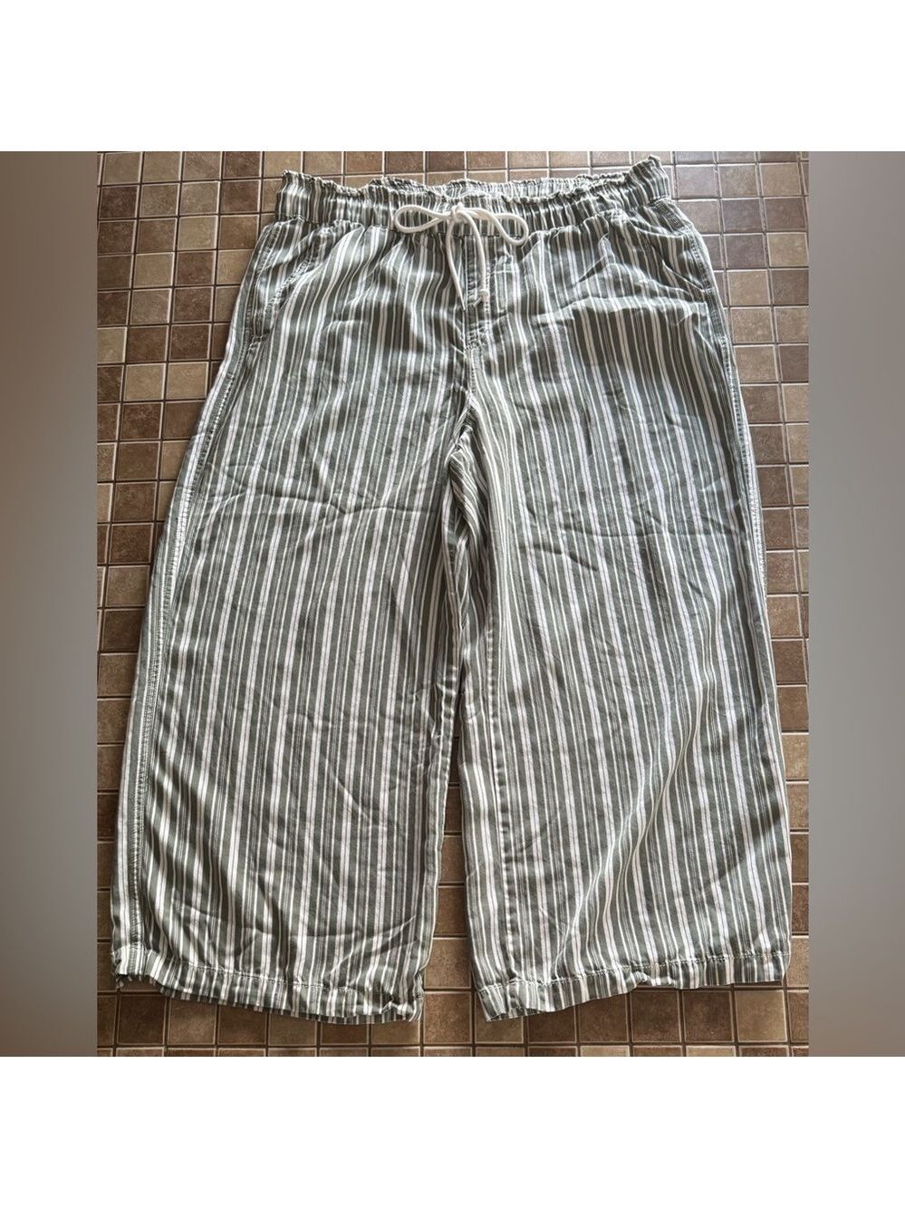 LOFT Striped Wide Leg Pants - Green/Gray and White